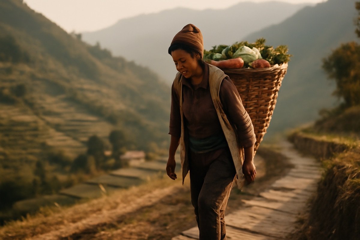 Himalayan farmer carrying a harvest basket through terraced hills