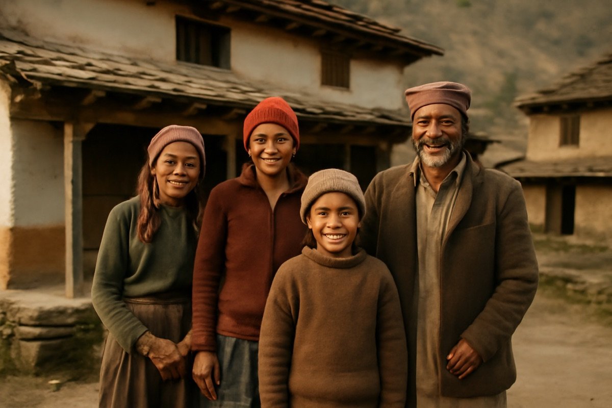 A Himalayan farming family at their village home