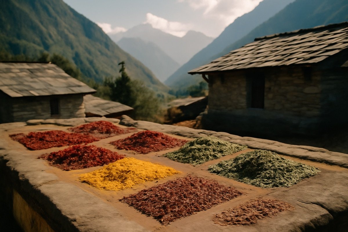 Spices drying on a village rooftop
